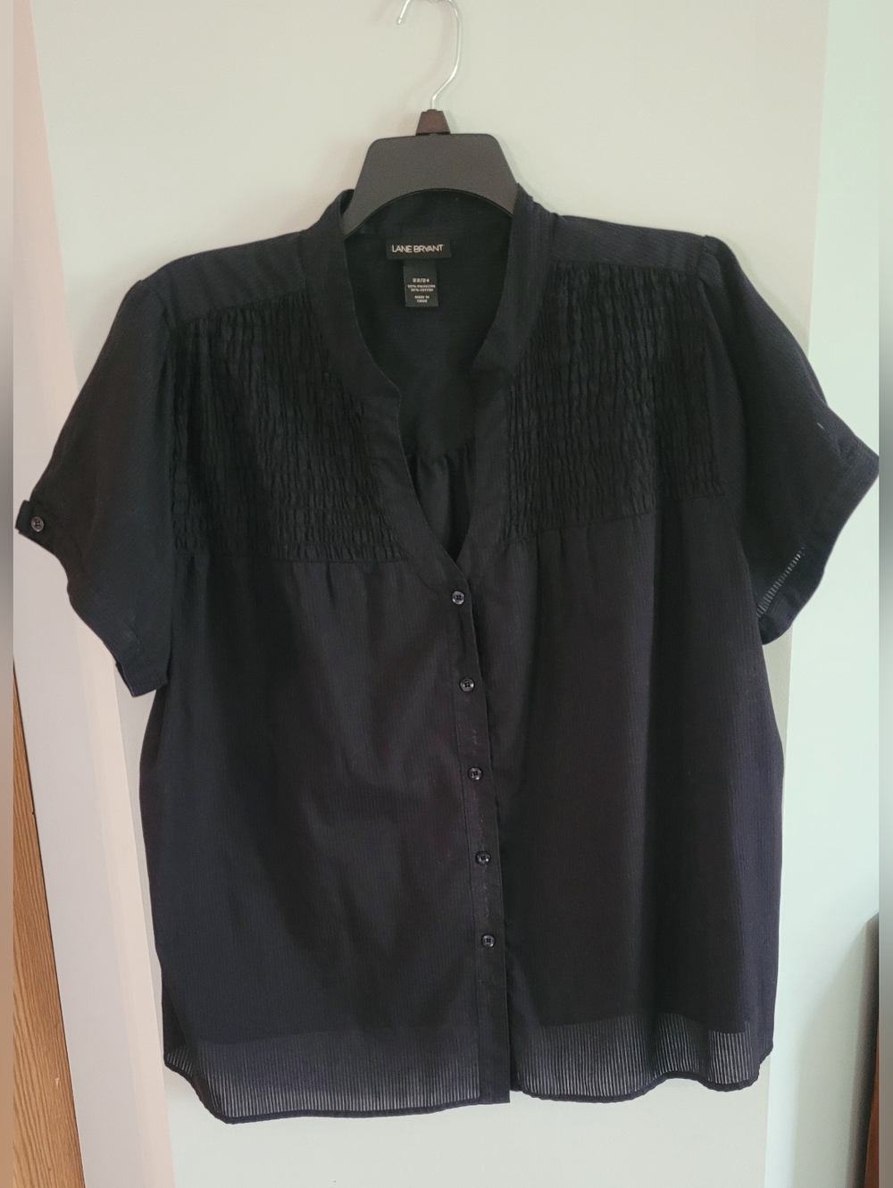 Lane Bryant Black Short-Sleeve Button-Front Blouse with Textured Yoke